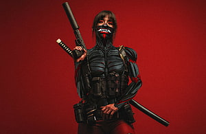 Cyberpunk Ninja Warrior in Tactical Armor with Katana and Suppressed Pistol HD wallpaper