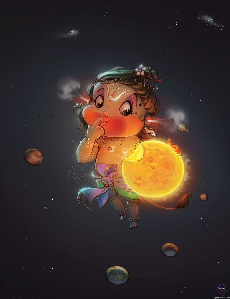Cute Baby Krishna Eating The Sun In Space With Planets And Stars Digital Art HD phone wallpaper