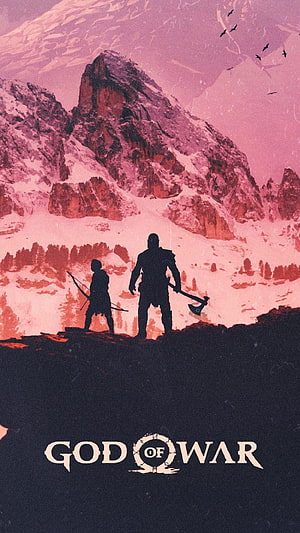 Kratos and Atreus Silhouettes on Snowy Mountain Peak in God of War Artwork HD phone wallpaper