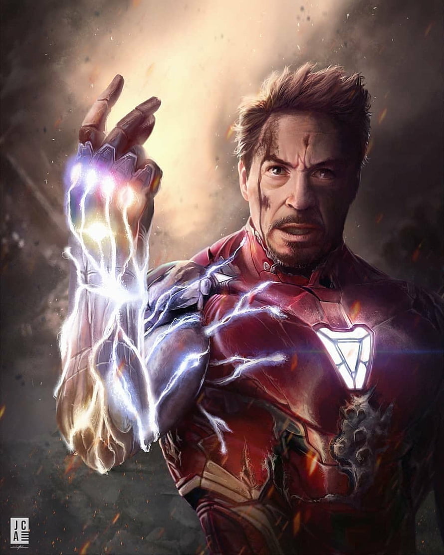 Iron Man wielding the Infinity Gauntlet with glowing stones and lightning energy, Iron Man Snap, Iron Man Endgame HD phone wallpaper