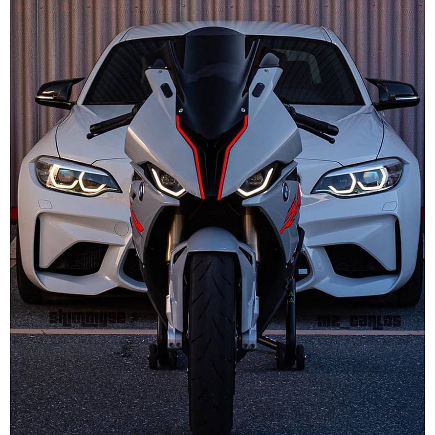 BMW S1000RR Superbike Front View Parked in Front of BMW M2 Coupe HD phone wallpaper