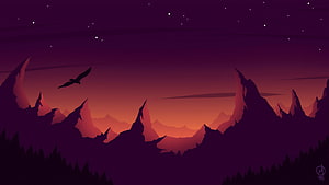 Silhouette of a bird flying over jagged mountains at twilight with a purple and orange gradient sky HD wallpaper