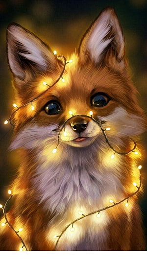 Glowing Red Fox Portrait Wrapped in Warm Fairy Lights HD phone wallpaper