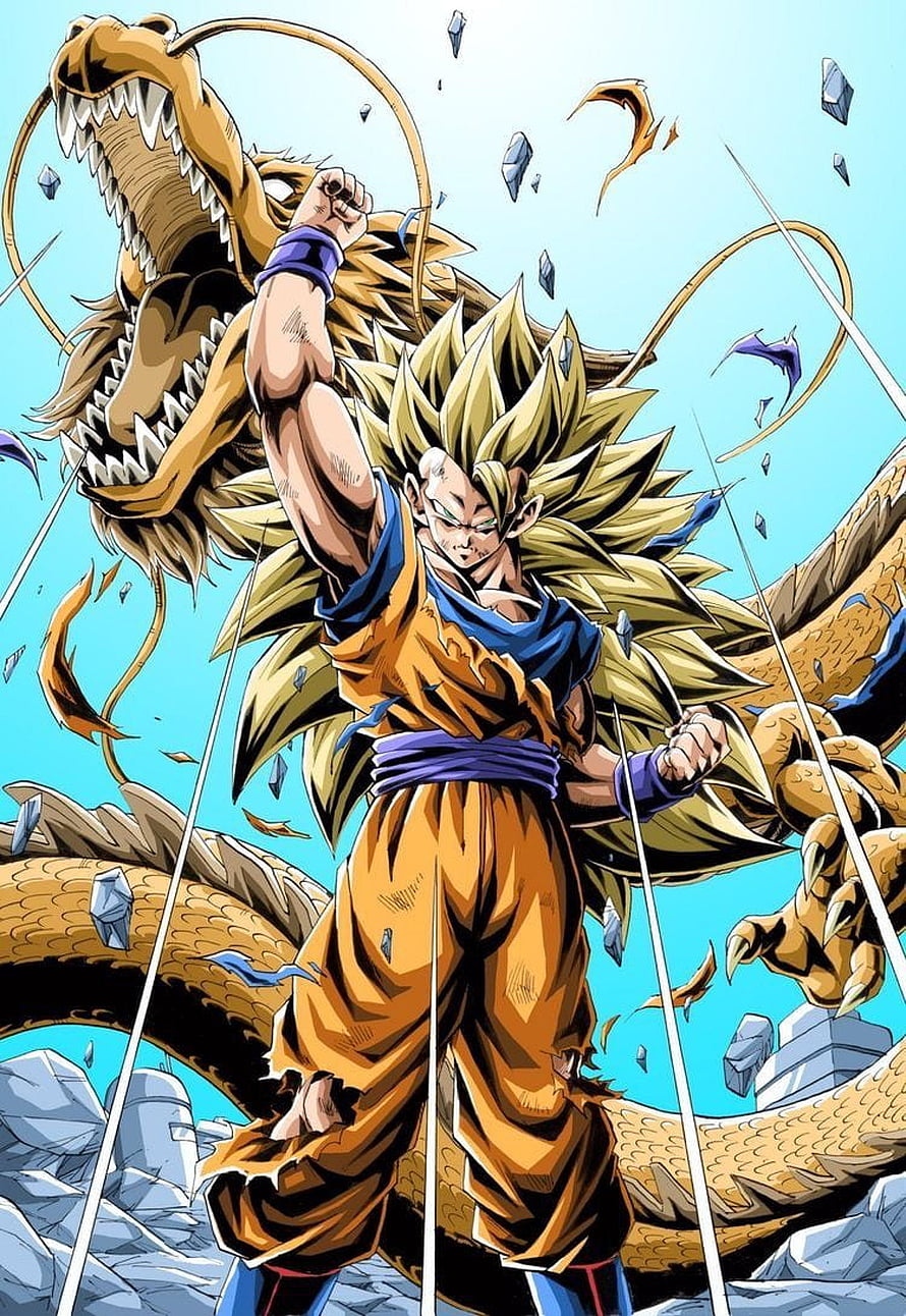 Goku Super Saiyan 3 with Shenron in Dragon Ball GT Anime Illustration HD phone wallpaper