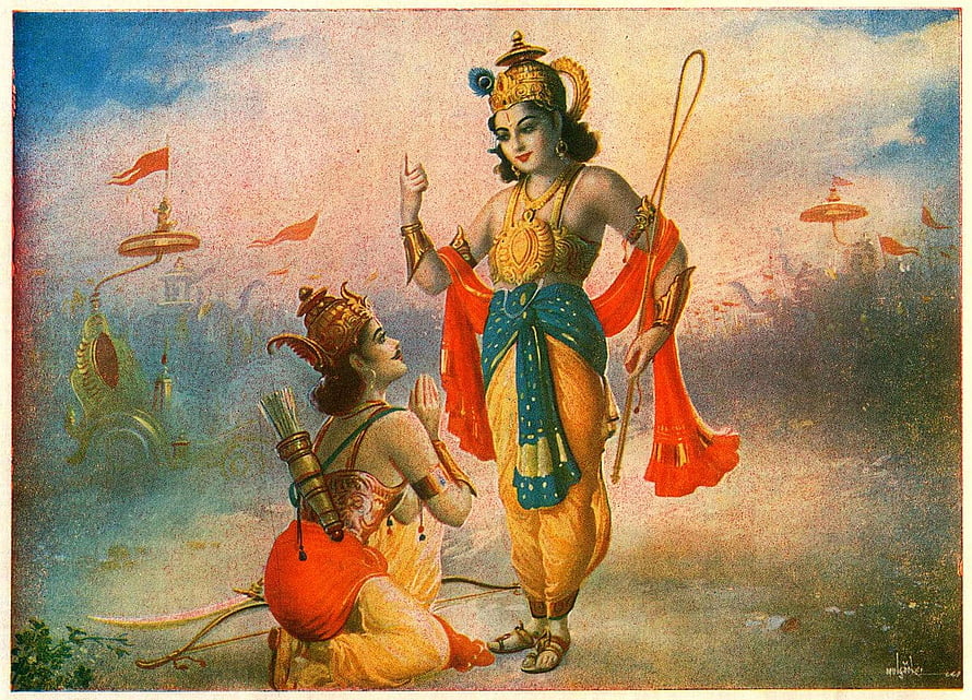 Krishna and Arjuna in the Mahabharata: Divine Counsel on the Battlefield HD wallpaper