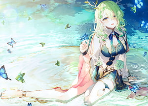 Coca from Honkai Star Rail sitting in water surrounded by butterflies HD wallpaper