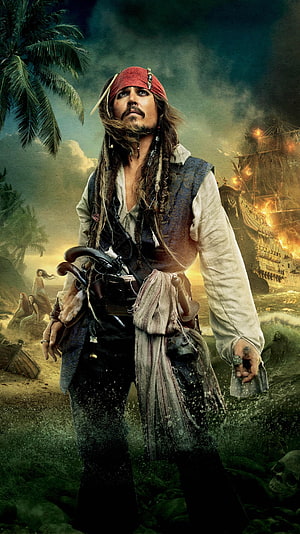 Captain Jack Sparrow Standing on a Tropical Shore with a Burning Ship in the Background HD phone wallpaper