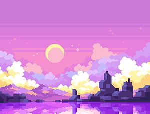 Pastel Pixel Art Landscape with Sunset Sky and Clouds HD wallpaper