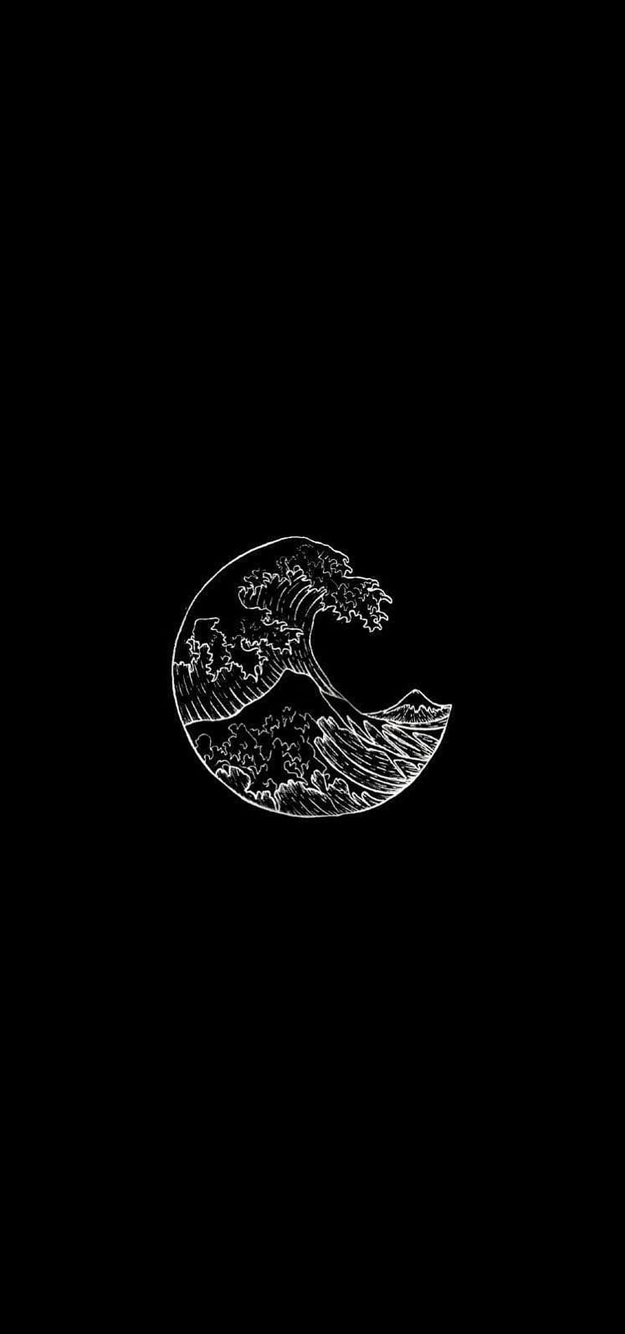 Minimalist White Line Art of The Great Wave off Kanagawa on Black Background HD phone wallpaper