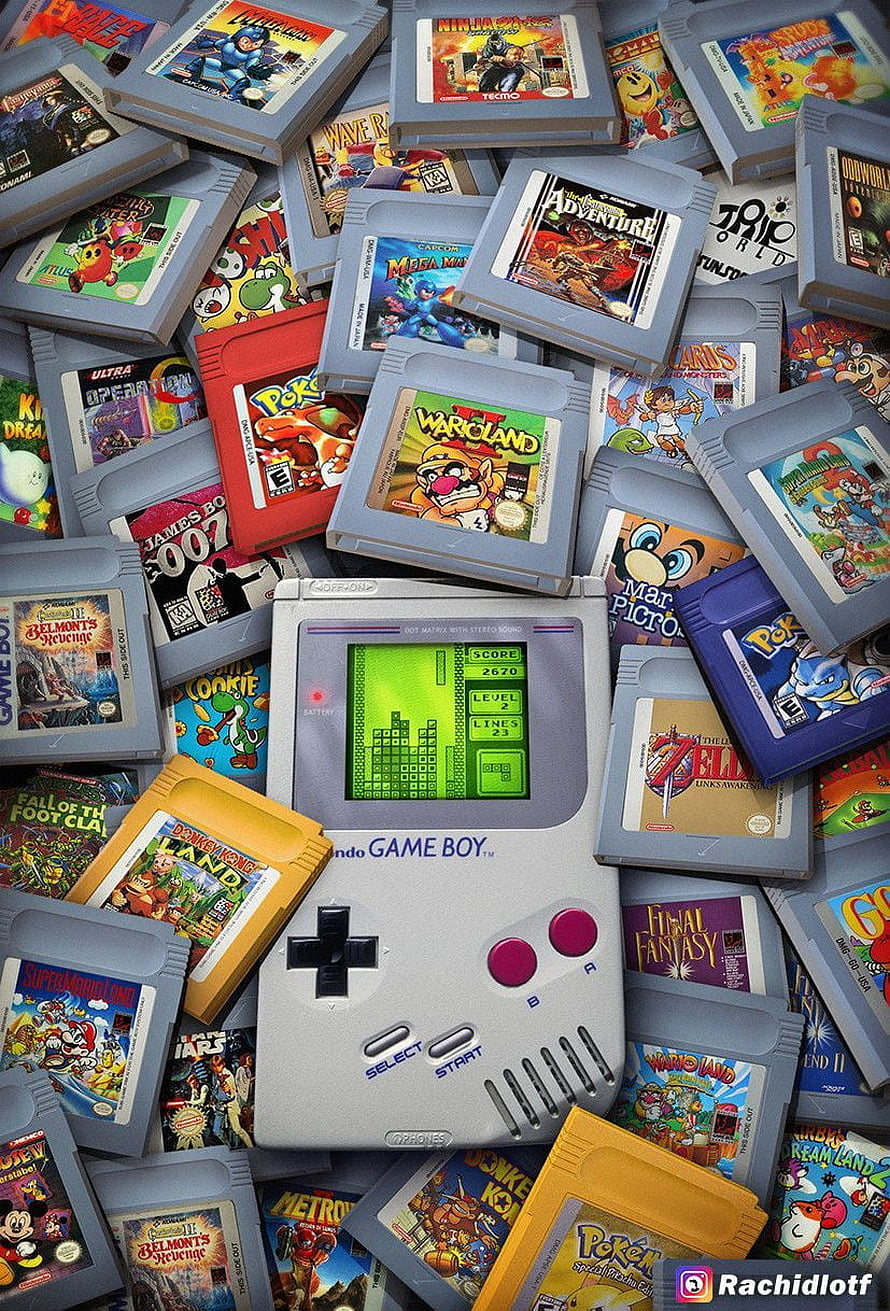 Classic Nintendo Game Boy Console Surrounded by Retro Game Cartridges HD phone wallpaper