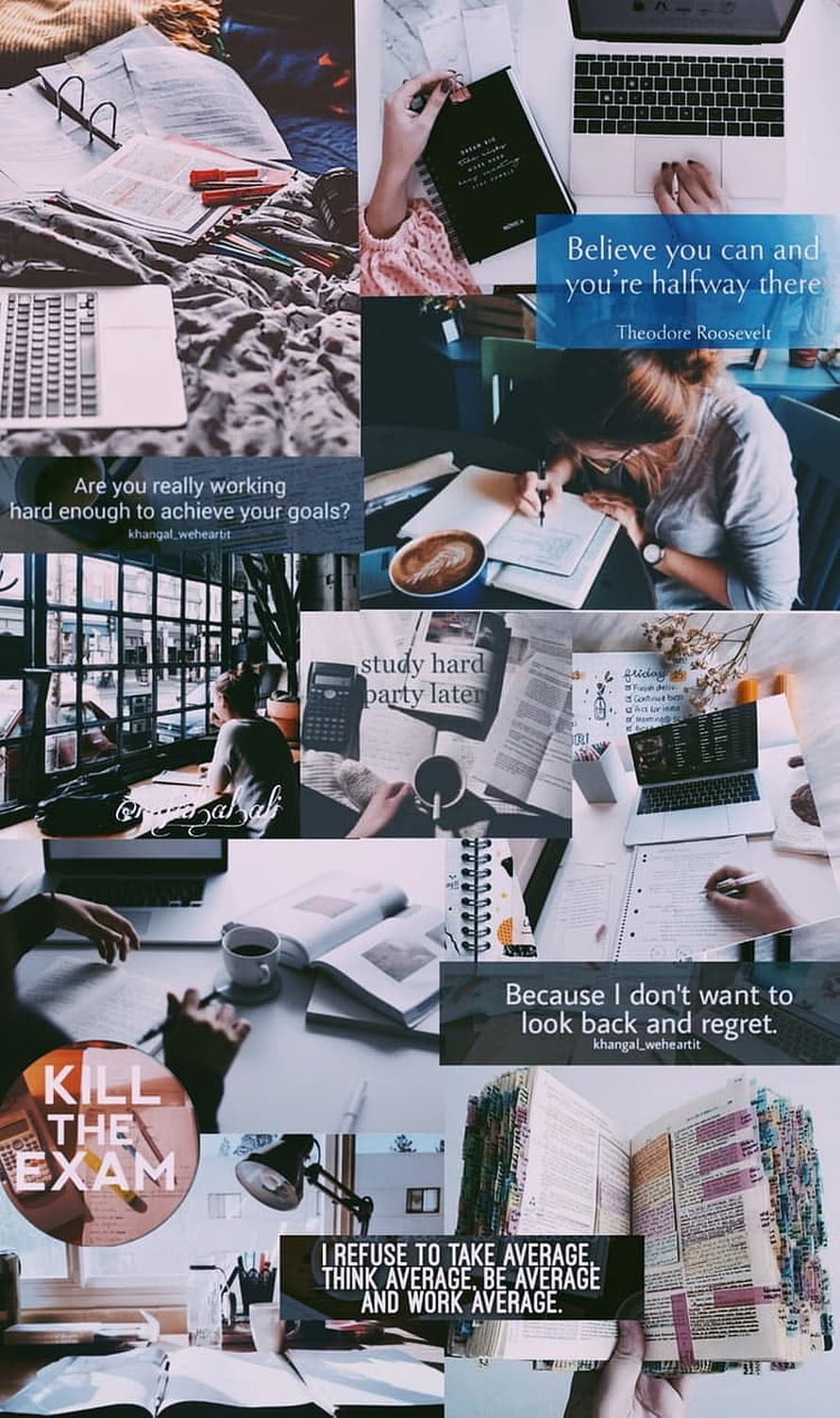 Motivational Study Aesthetic Collage with Laptops, Books, and Inspirational Quotes HD phone wallpaper