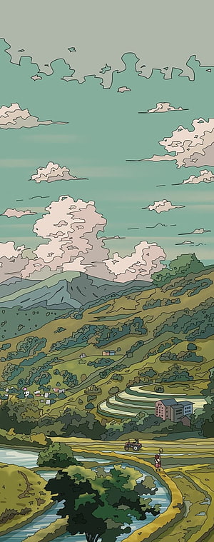 Hand-drawn anime countryside landscape with winding river, terraced fields, and rolling hills under a soft teal sky HD phone wallpaper
