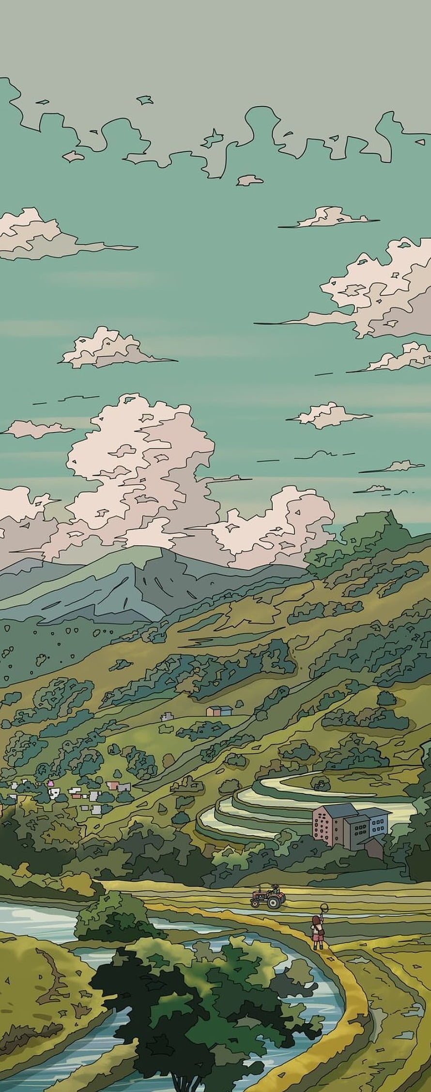 Hand-drawn anime countryside landscape with winding river, terraced fields, and rolling hills under a soft teal sky HD phone wallpaper
