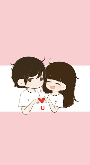 Cute Anime Couple Making Heart Shape With Hands On Pink Background HD phone wallpaper