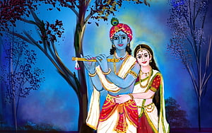 Radha Krishna Playing Flute in a Serene Forest Setting HD wallpaper