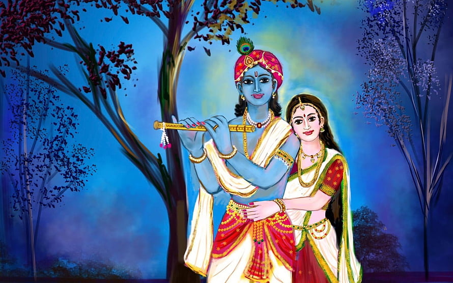 Radha Krishna Playing Flute in a Serene Forest Setting HD wallpaper