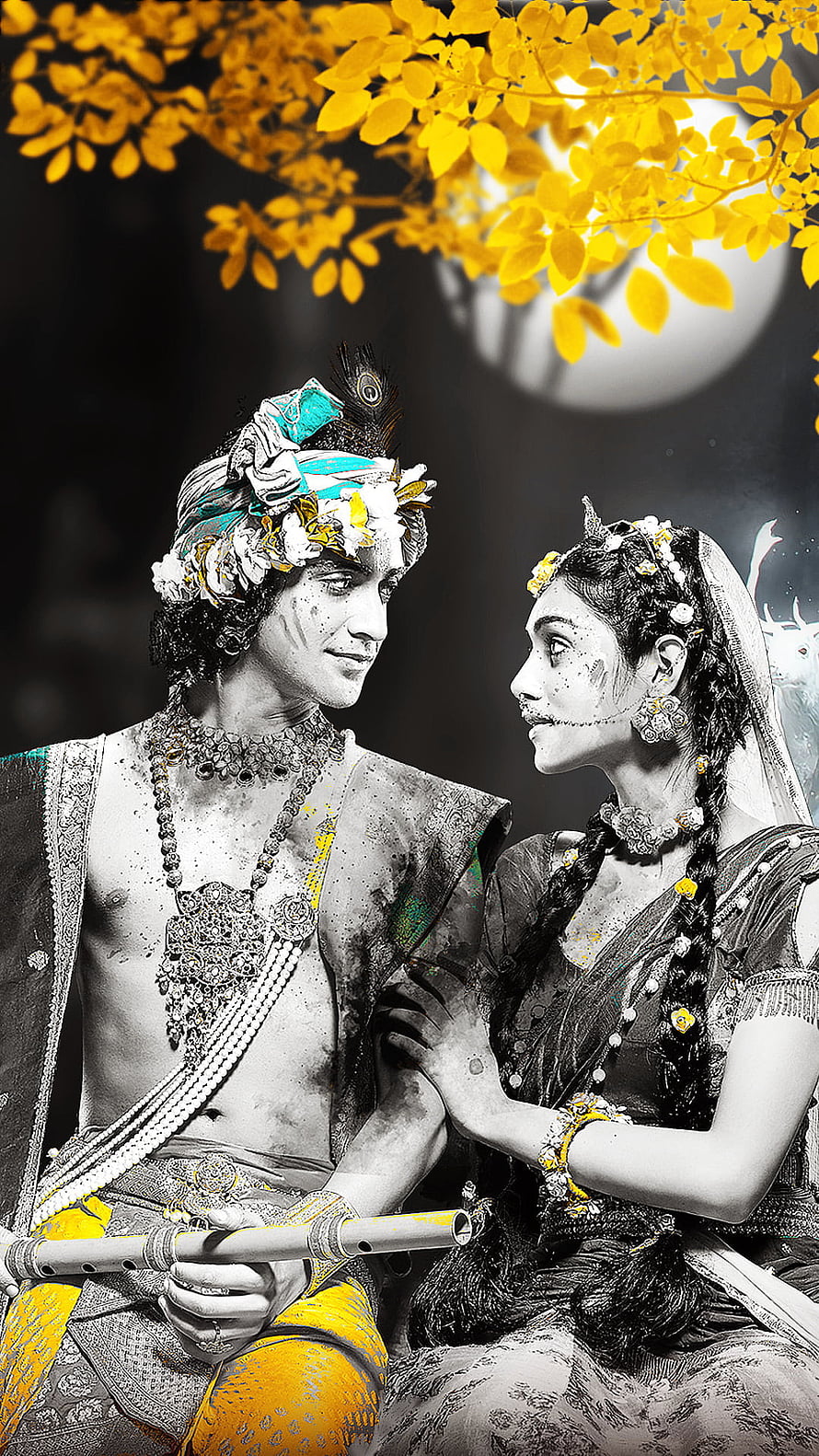 Radha and Krishna Romantic Portrait with Yellow Leaves and Moonlight, Radha Krishna Serial, Radha Krishna, Love Serial HD phone wallpaper