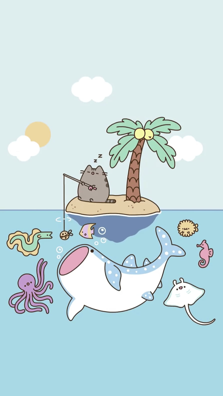 Pusheen Cat Napping on Tropical Island with Cute Ocean Sea Creatures HD phone wallpaper