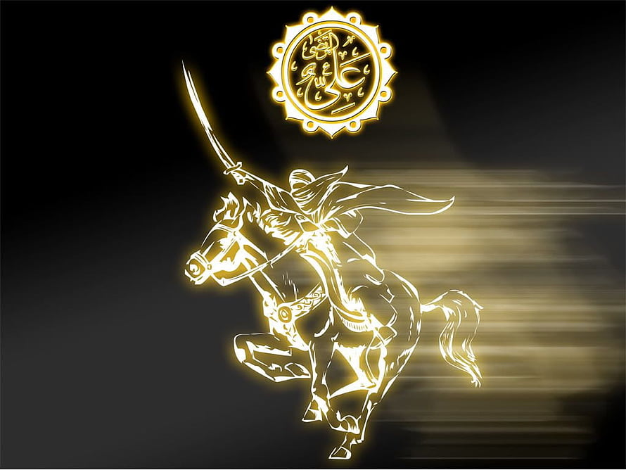 Glowing Golden Knight on Horse with Sword and Arabic Calligraphy Emblem HD wallpaper