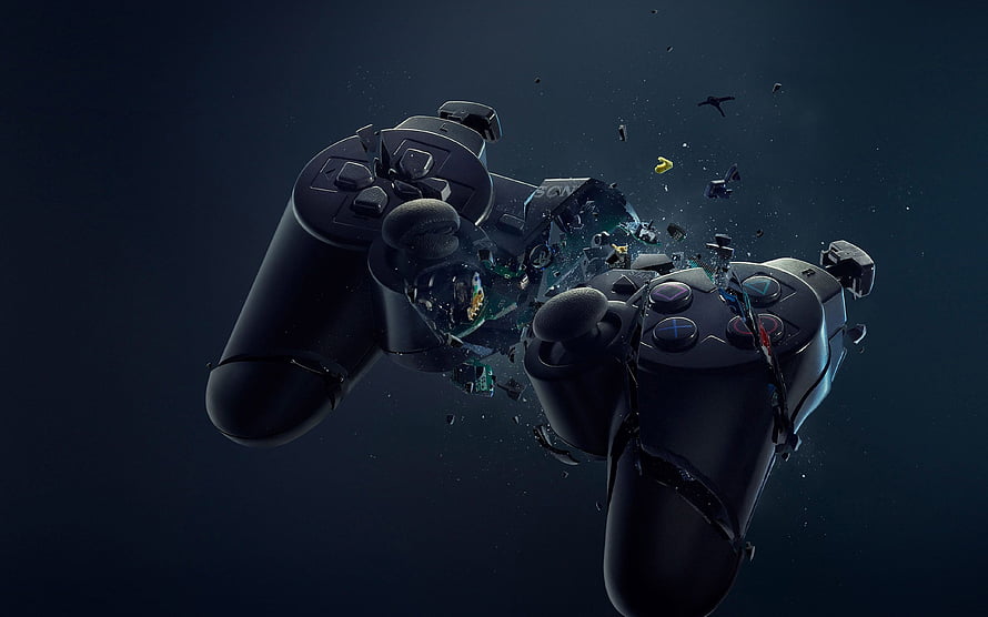 Shattered PlayStation Controller Exploding in Dark Cinematic Scene HD wallpaper