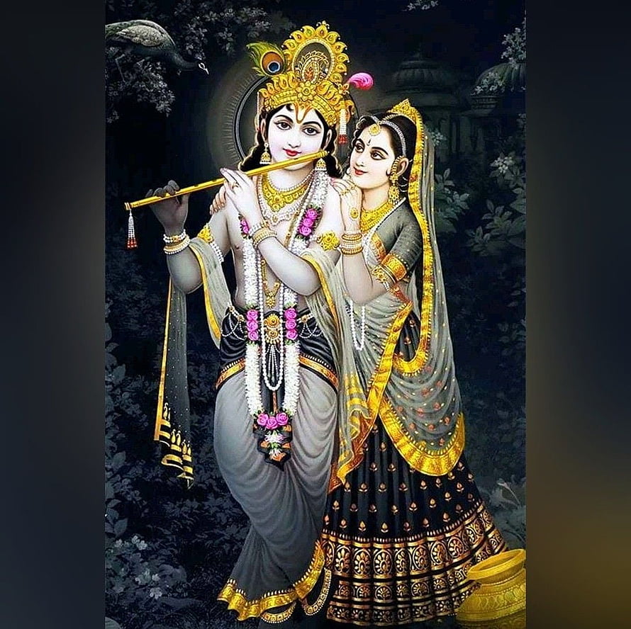 Radha Krishna Playing Flute in Traditional Attire with Peacock HD wallpaper