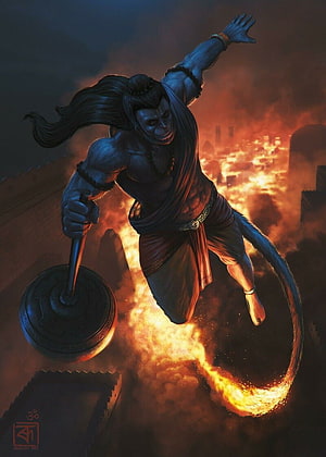 Hanuman Flying Over Burning City With Gada Mace Digital Art, Animated Hanuman, Cartoon Hanuman HD phone wallpaper