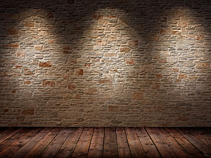 Rustic Stone Wall and Wooden Floor Background with Spotlight Effect HD wallpaper
