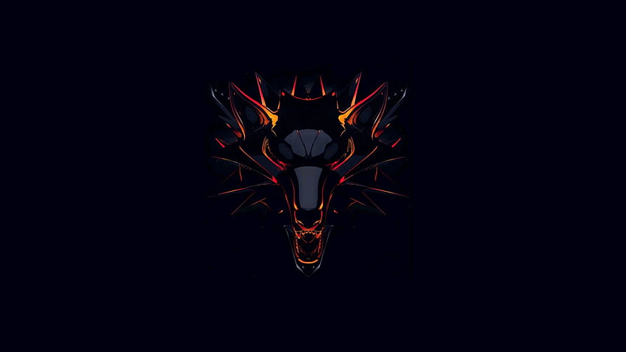 The Witcher Wolf School Emblem with Fiery Orange Accents on a Dark Background HD wallpaper