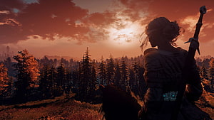 Ciri from The Witcher 3 gazing over a forest at sunset with sword on back HD wallpaper