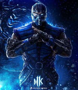 Sub-Zero in Blue Armor with Glowing Eyes and Dragon Emblem HD phone wallpaper