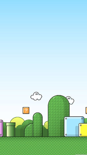 Super Mario Bros World Cartoon Landscape with Question Block and Green Pipes HD phone wallpaper