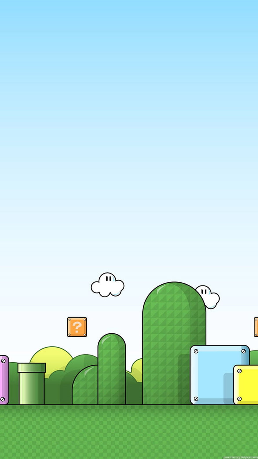 Super Mario Bros World Cartoon Landscape with Question Block and Green Pipes HD phone wallpaper