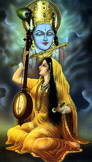 Meera Bai Devotee Playing Veena Before Lord Krishna in Traditional Indian Painting HD phone wallpaper