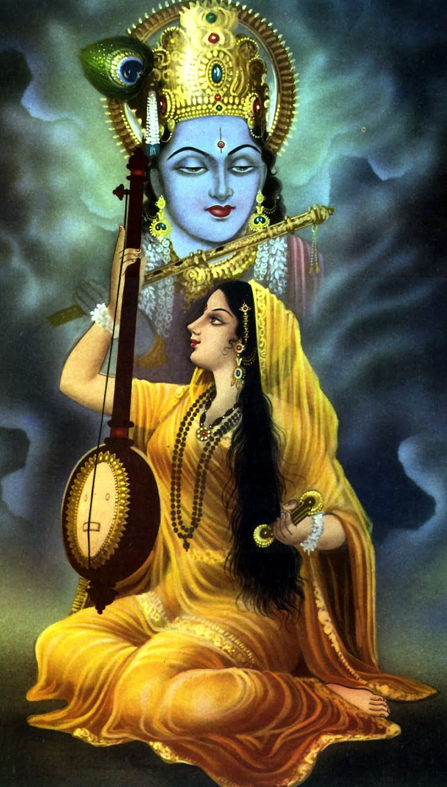Meera Bai Devotee Playing Veena Before Lord Krishna in Traditional Indian Painting HD phone wallpaper