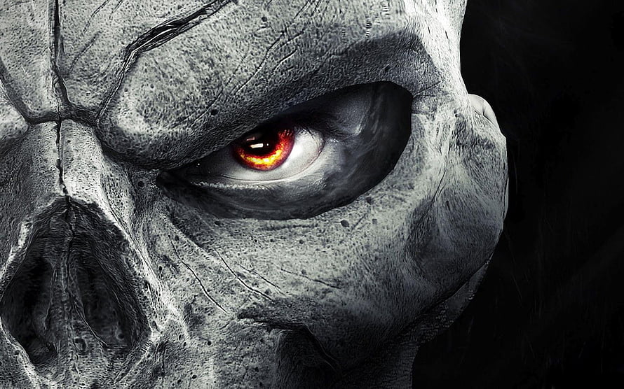 Close-up of a grey stone-like monster face with glowing red eye HD wallpaper