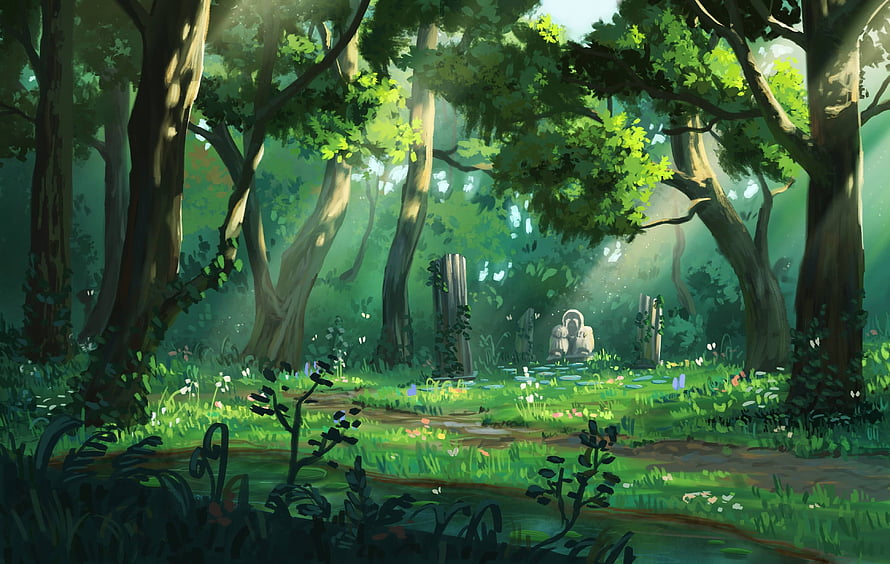 Sunlit Forest Ruins With Ancient Stone Pillars And Lush Greenery HD wallpaper