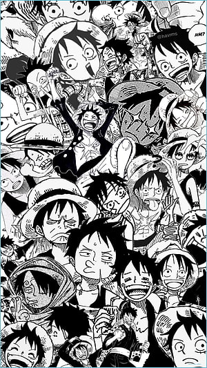 One Piece Manga Luffy Character Collage Black and White Illustration HD phone wallpaper