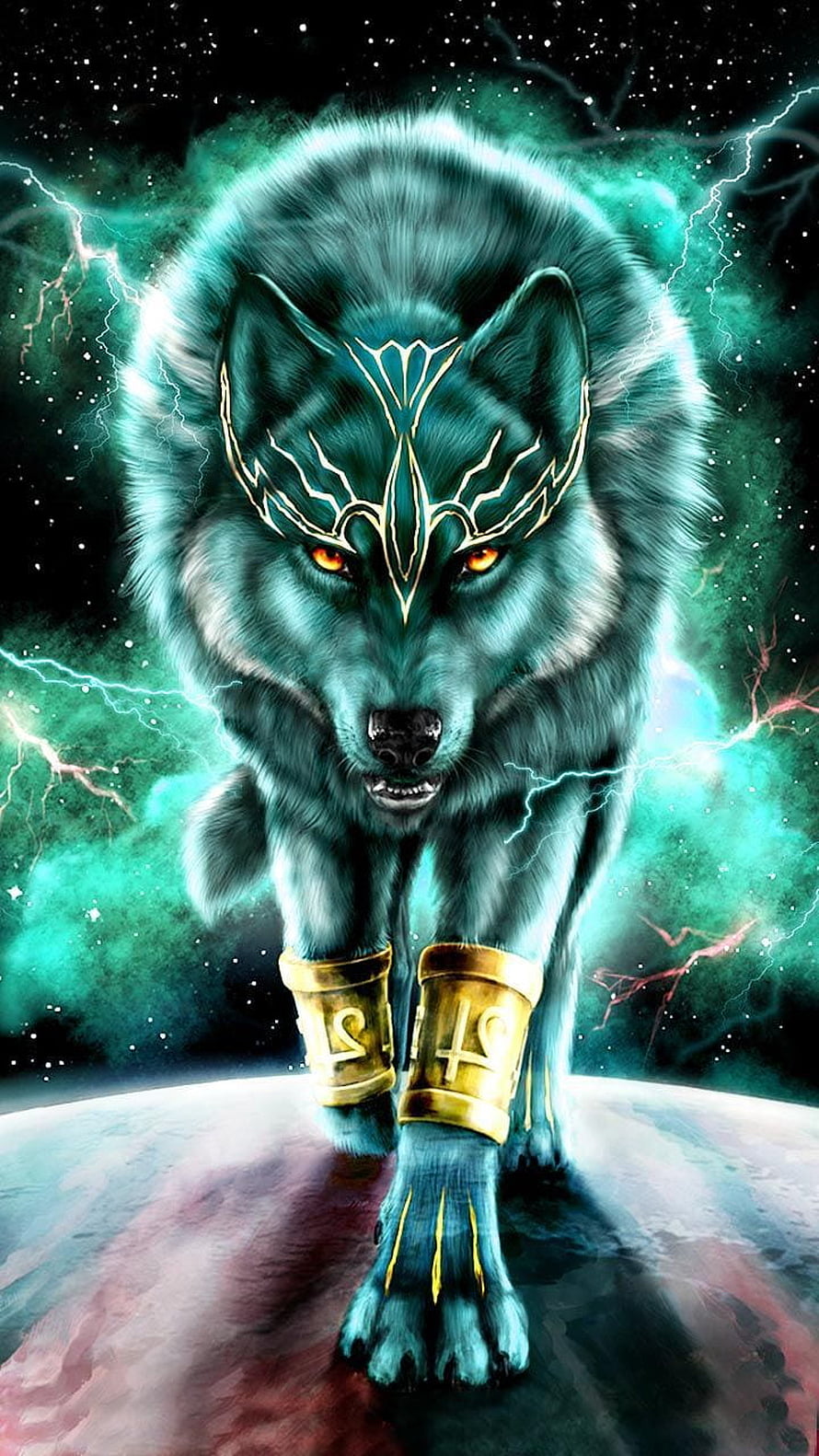 Mystical Blue Wolf With Golden Runes And Lightning In Space HD phone wallpaper