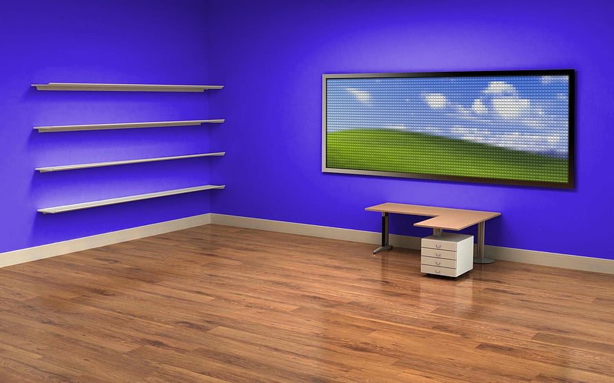 Modern Office Interior with Blue Walls, Wooden Floor, and Wall-Mounted Display HD wallpaper