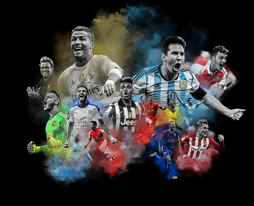 Cristiano Ronaldo and Lionel Messi Soccer Legends Collage with Colorful Smoke Background HD wallpaper