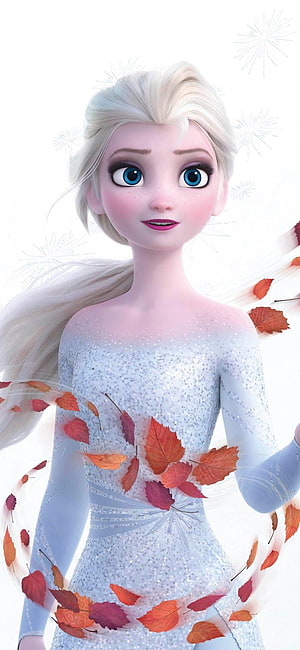 Elsa from Frozen 2 in Sparkling Ice Gown with Swirling Autumn Leaves HD phone wallpaper