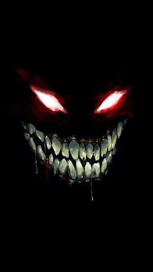 Eerie Glowing Red Eyes and Grinning Teeth in Dark Horror Illustration HD phone wallpaper