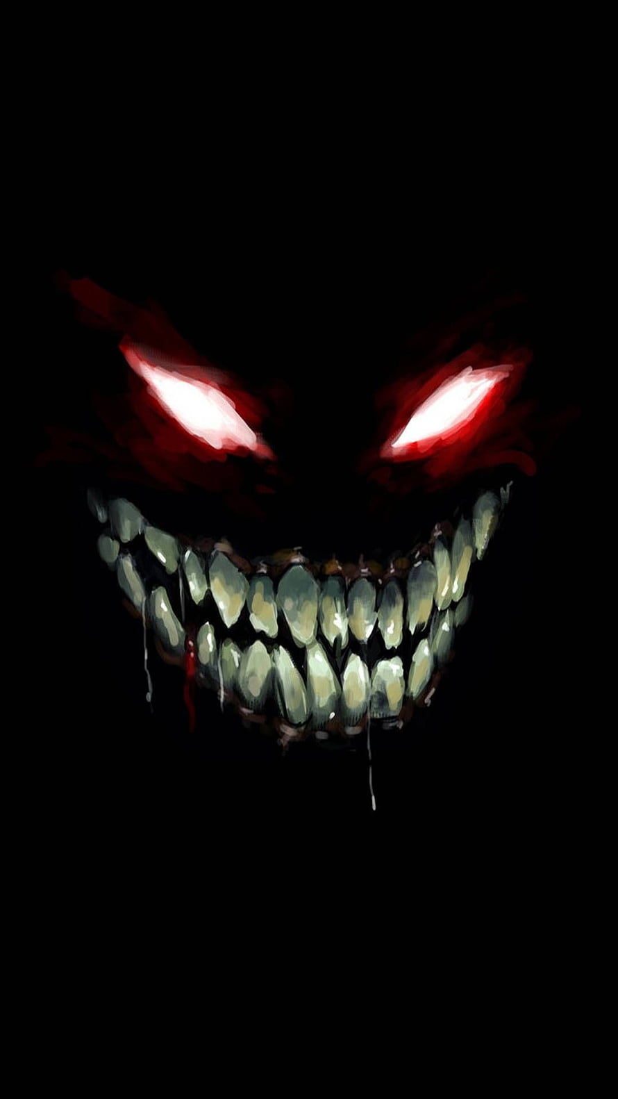 Eerie Glowing Red Eyes and Grinning Teeth in Dark Horror Illustration HD phone wallpaper