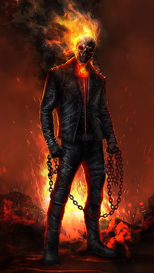 Ghost Rider Spirit of Vengeance Skull Fire Motorcycle Biker Leather Jacket Chains Dark Fantasy Art HD phone wallpaper