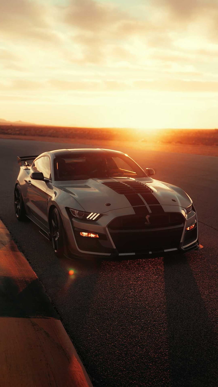 Silver Ford Mustang Shelby GT500 on a desert road at golden hour sunset HD phone wallpaper