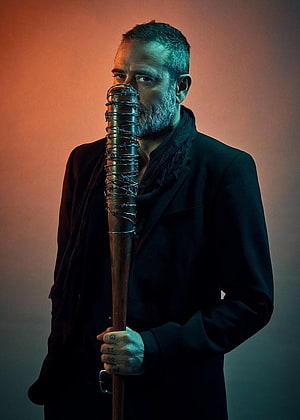 Negan from The Walking Dead Holding His Barbed Wire Bat in Dramatic Lighting HD phone wallpaper