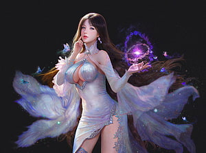 Fantasy female mage casting purple magic spell with glowing orb and butterflies HD wallpaper