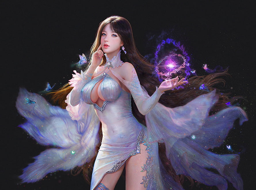 Fantasy female mage casting purple magic spell with glowing orb and butterflies HD wallpaper