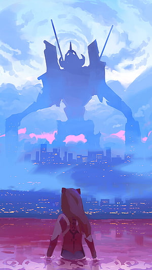Neon Genesis Evangelion Unit 02 Standing in Water Before Giant Mecha Silhouette HD phone wallpaper