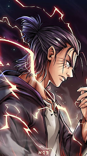 Eren Yeager Anime Character Portrait with Electric Energy and Dark Background HD phone wallpaper